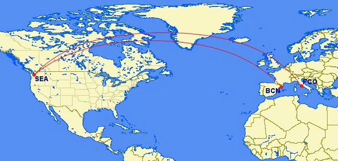 Delta from Seattle to Barcelona and Rome on Great Circle Mapper. 